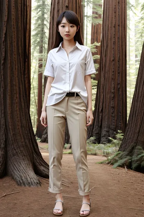<lora:miyu_suenaga_obj20:0.5>, full_body, standing, sandals, (shirt), pants, (california redwoods), (miyu_suenaga: 1.2), perfect face, (contact iris: 1.1), pale skin, skin pores , depth of field