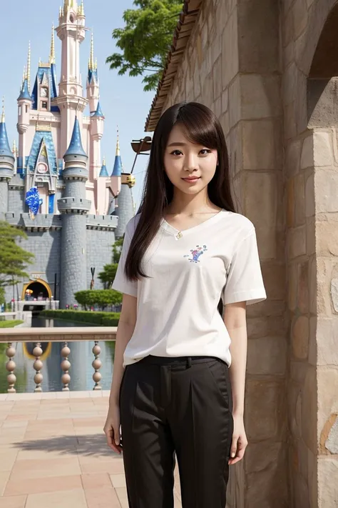 <lora:miyu_suenaga_obj20:0.5>, full_body, standing, sandals, (shirt), pants, (disney castle), (miyu_suenaga: 1.2), perfect face, (contact iris: 1.1), pale skin, skin pores , depth of field