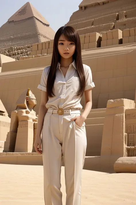 <lora:miyu_suenaga_obj20:0.5>, full_body, standing, sandals, (shirt), pants, (egyptian pyramids), (miyu_suenaga: 1.2), perfect face, (contact iris: 1.1), pale skin, skin pores , depth of field