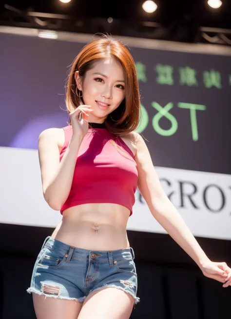 solo,woman,(looking away), (parted lips,light smile),(shiny skin:1.1),blush,
(standing on stage), (wearing shoulder less crop top and hot pants outfit), asian,
skindentation,  (slim body), 
gravure photo referenced, best quality, ultra high res, (photorealistic),  (detailed face and eyes), <lora:gEM_v10:0.8>