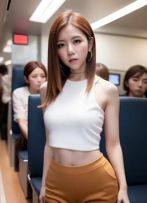 solo,woman,(looking away), (parted lips,light smile),(shiny skin:1.1),blush,
(in japanese high speed train), wearing crop top, hotpants, asian,
skindentation,  (slim body), 
gravure photo referenced, best quality, ultra high res, (photorealistic),  (detailed face and eyes), <lora:gEM_v10:0.8>