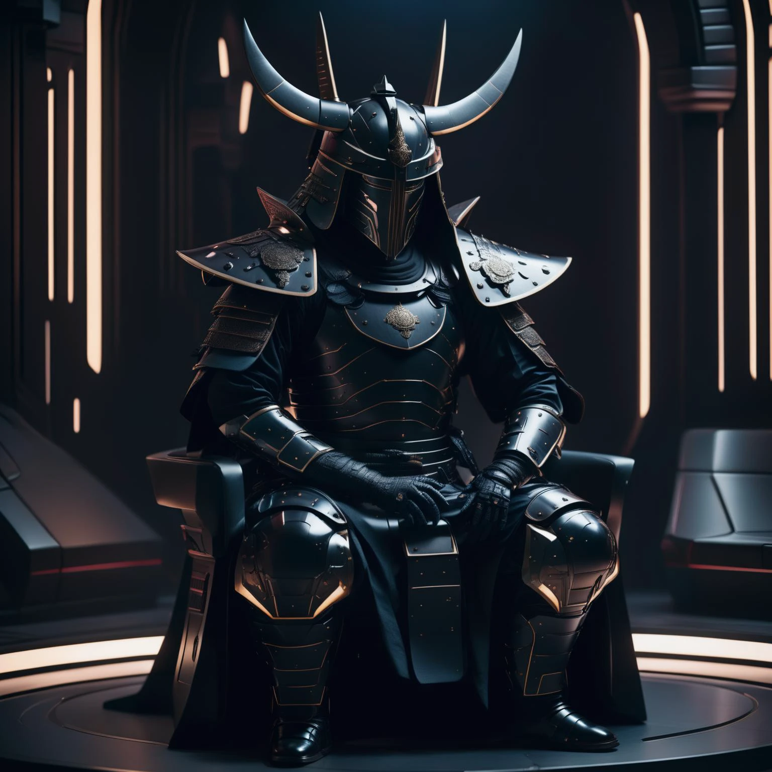 a samurai in black armor sitting on a armchair in a dark room, futurism, sci-fi, space fiction, hi-tech,