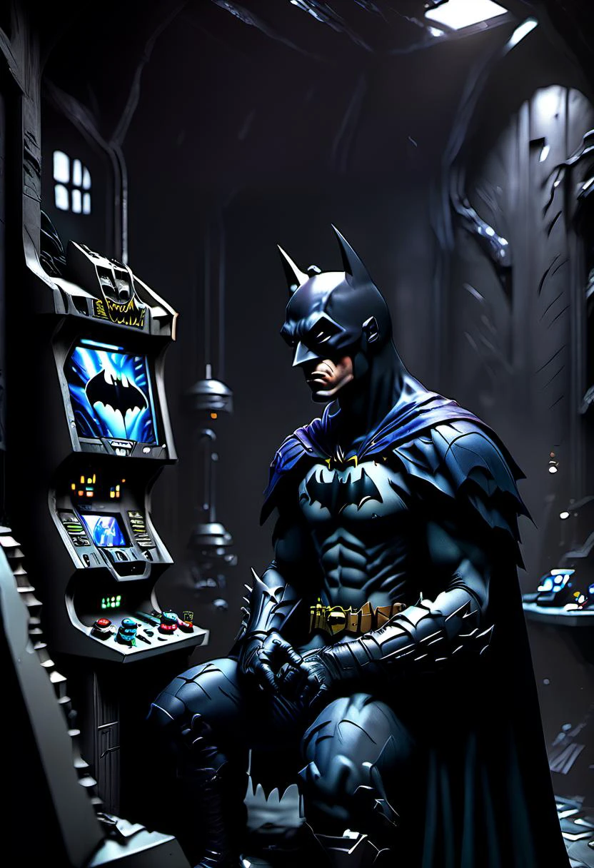 <lora:Everly Heights Comics:1> Batman playing a video game in his batcave, cinematic composition.