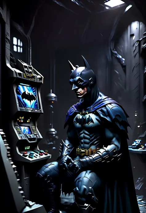 <lora:Everly Heights Comics:1> Batman playing a video game in his batcave, cinematic composition.