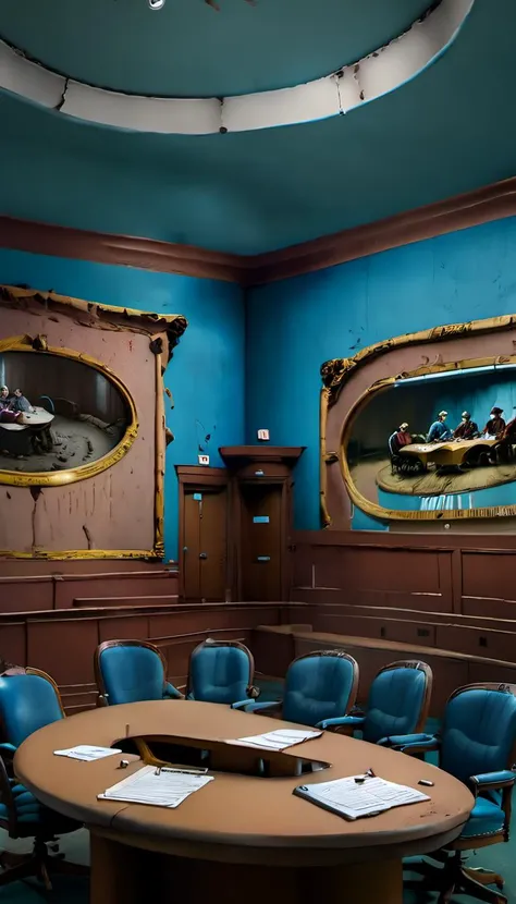 <lora:Everly_Heights_Backgrounds_New_Settings:1> An old dusty boarded-up conference room with a large oval table surrounded by blue chairs. The walls are adorned with faded paintings of farmers with torches terrorizing the town theater. Abandoned room, lost to time.