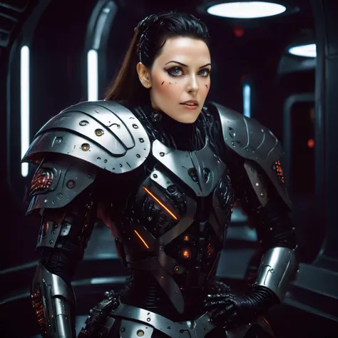 photo of a handsome woman dressed in cyber armour in a space station hall<lora:cyber armour-000011:0.6> dark style, darkness, fantasy, gothic, horror