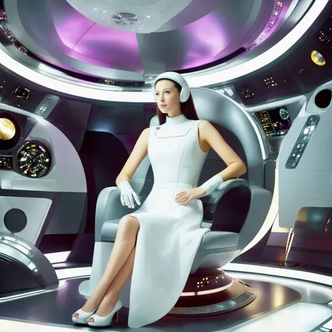 a woman in a white dress sitting on a armchair in a space station,futurism, sci-fi, space fiction, hi-tech