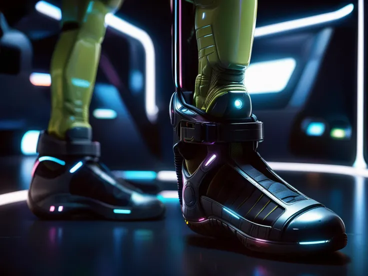 close up of a Shoes,dark style, futurism, sci-fi, space fiction, hi-tech,(photorealistic:1.1)