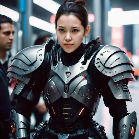 documentary photography photo of a girl dressed in cyber armour <lora:cyber armour-000010:0.6>, candid, real-life events, social commentary, highly detailed