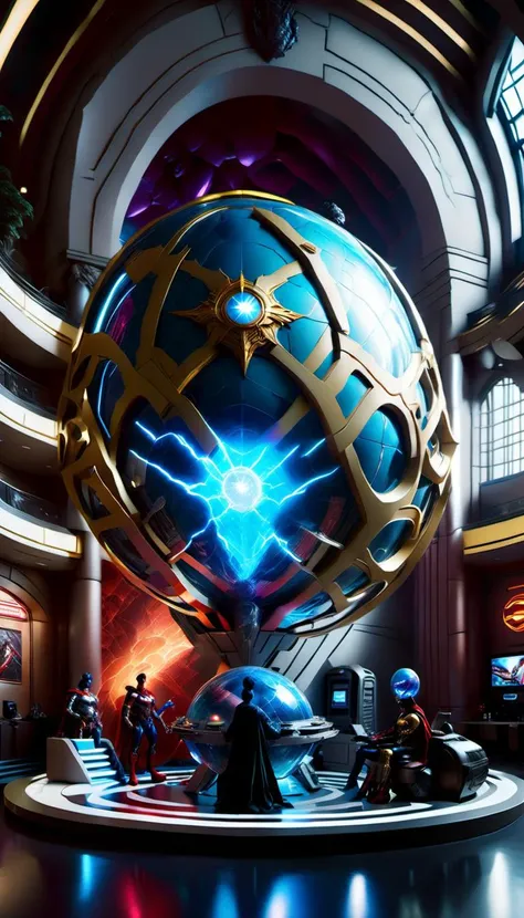 <lora:Everly_Heights_Backgrounds_New_Settings:.6> over-the-top superhero headquarters featuring extravagant gadgets a giant holographic globe and walls lined with shiny metallic superhero suits complete with a grand central throne-like chair for the leader.