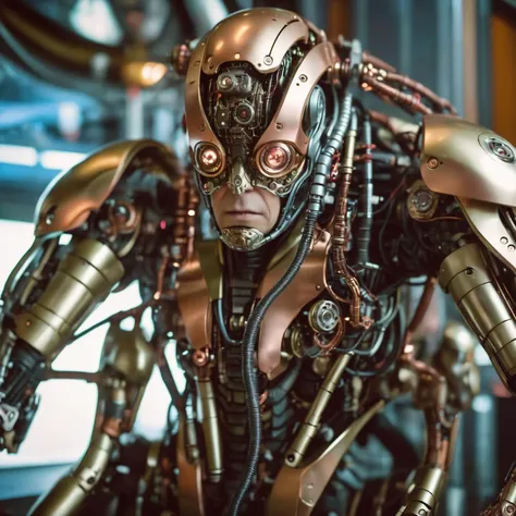 steampunk documentary photography a close up of biomechanical body parts of a futuristic synthetic robot, highly detailed, futurism, sci-fi, space fiction, hi-tech, candid, real-life events, social commentary, highly detailed, Victorian, industrial, mechanical, detailed, gritty, brass and copper, intricate