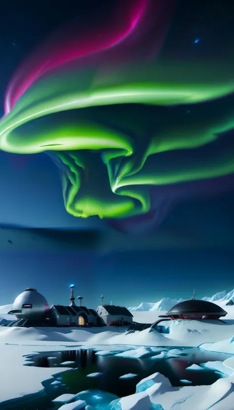 <lora:Everly_Heights_Backgrounds_New_Settings:.6> An isolated Antarctic research station in the modern day surrounded by ice and snow and the aurora australis shimmering in the sky above the stark functional architecture.