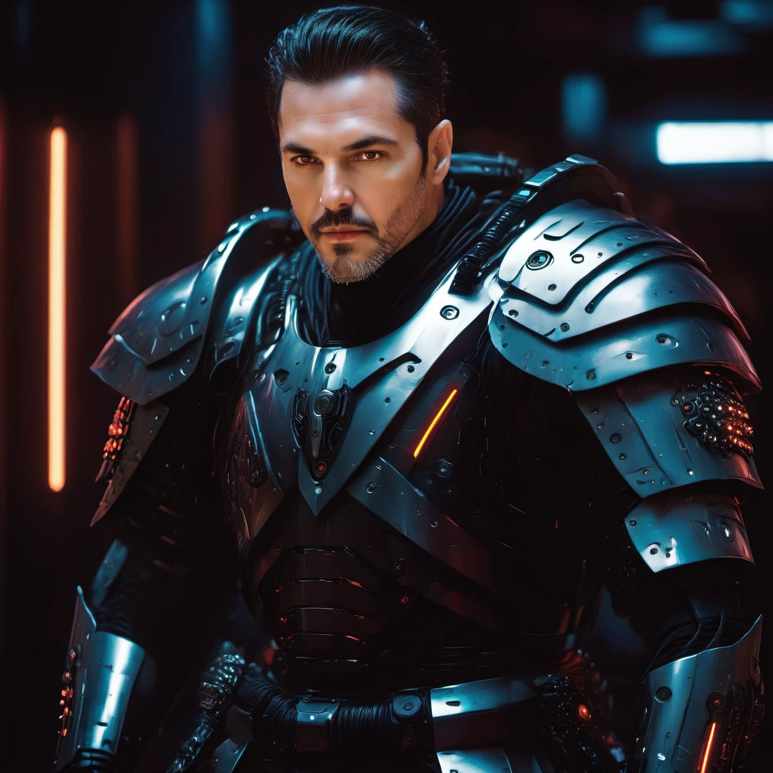 photo of a handsome man dressed in cyber armour, looking at the viewer<lora:cyber armour-000011:0.6> dark style, darkness, fantasy, gothic, horror
