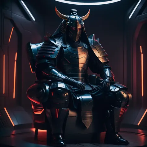 a samurai in black armor sitting on a armchair in a dark room, (futurism, sci-fi, space fiction, hi-tech)