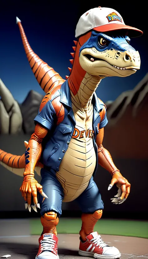 <lora:Everly Heights Comics:1> An iconic 1990s animated (Denver the Last Dinosaur dinosaur character:1.1) wearing sneakers and a baseball cap backwards with a 1990s attitude.