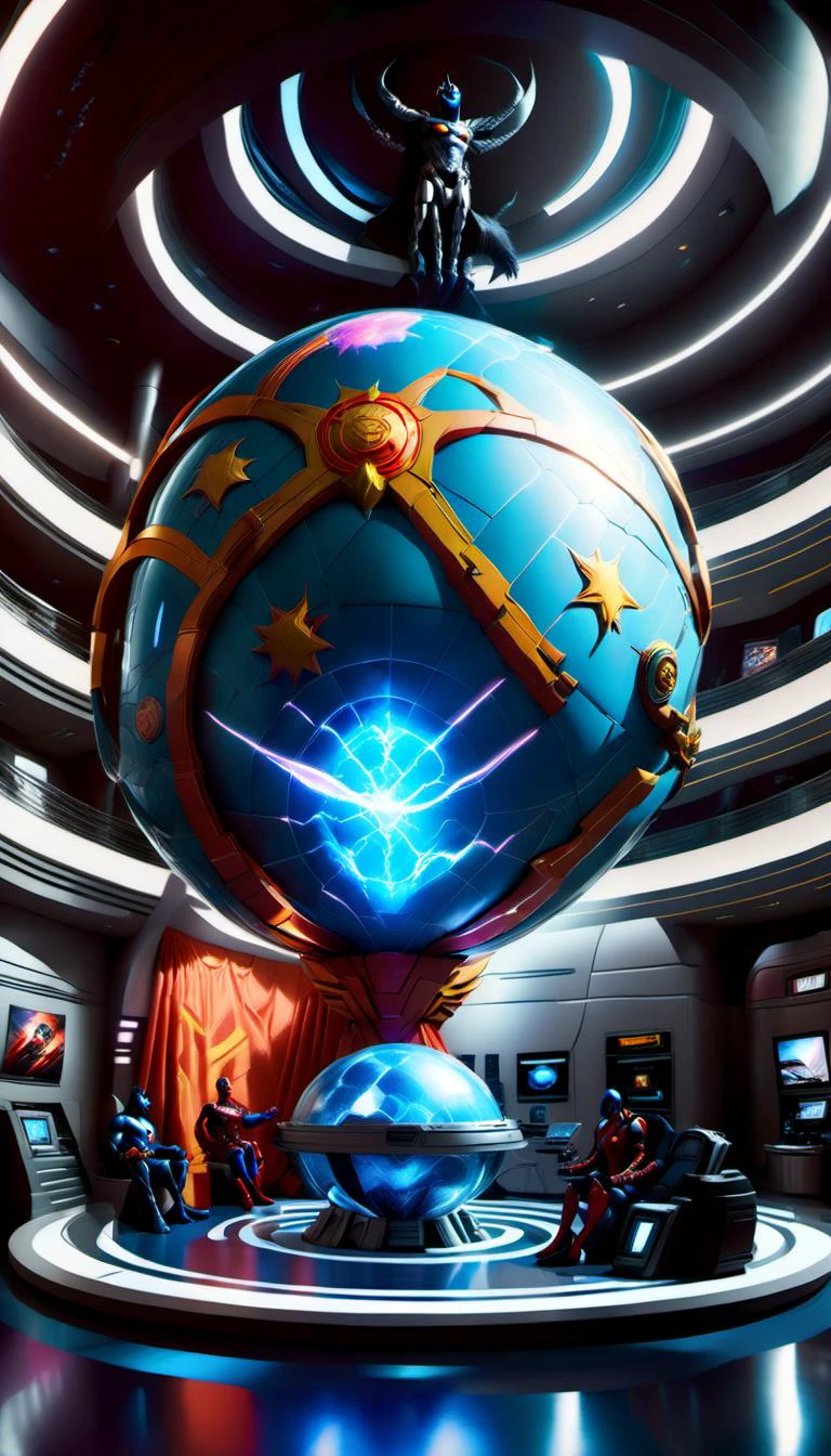 <lora:Everly_Heights_Backgrounds_New_Settings:.8> over-the-top superhero headquarters featuring extravagant gadgets a giant holographic globe and walls lined with shiny metallic superhero suits complete with a grand central throne-like chair for the leader.
