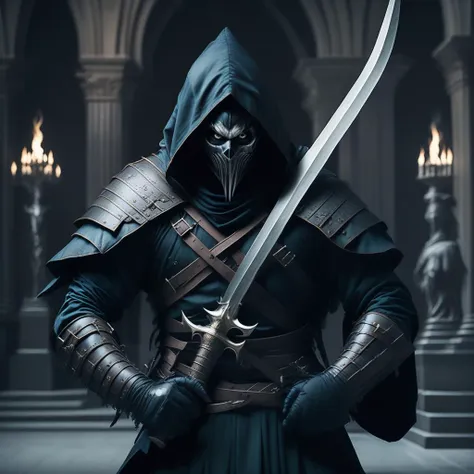 aassassin with a sword, dark style, horror