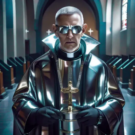 a futuristic priest in a church,fantasy style, dark, surreal, horror, epic,