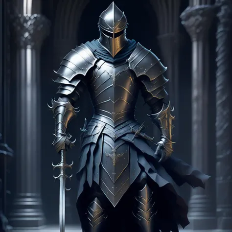 a knight in armor and sword in his hand in a dark room with columns in the background, full figure