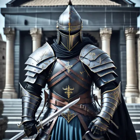 a knight in armor with a sword standing in front of a building with pillars, fantasy style, dark, surreal, horror, epic