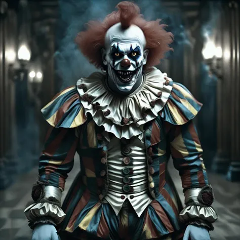 a demonic clown in a dark room, fantasy style, dark, surreal, horror, epic,