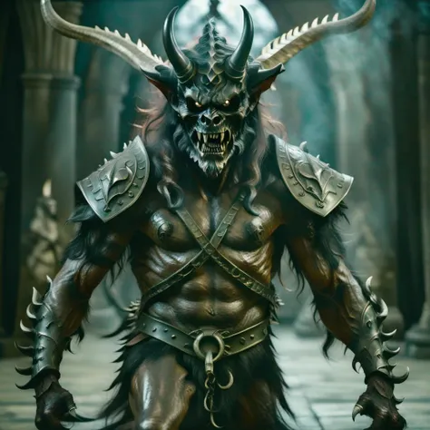 a demonic creature with horns and swords in a dark room, fantasy style, dark, surreal, horror, epic,