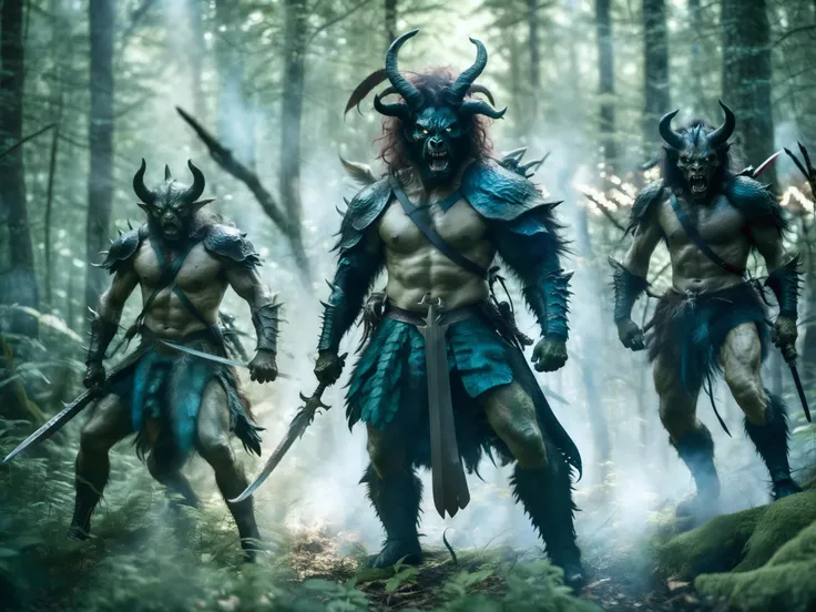 a group of fantasy creatures standing in the woods with swords in their hands, fantasy style, dark, surreal, horror, epic