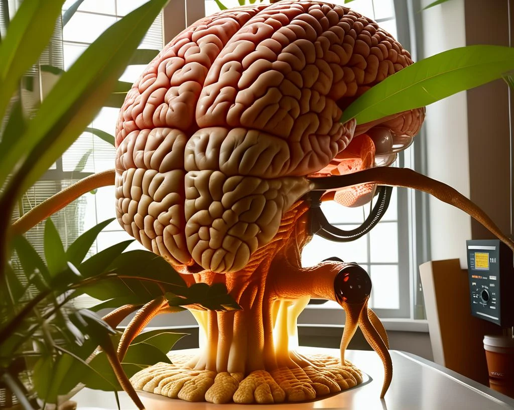 a large human brain with four legs is on a table in a room with a plant and a window in the background