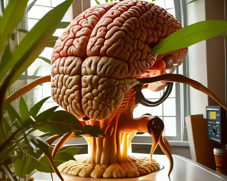 a large human brain with four legs is on a table in a room with a plant and a window in the background