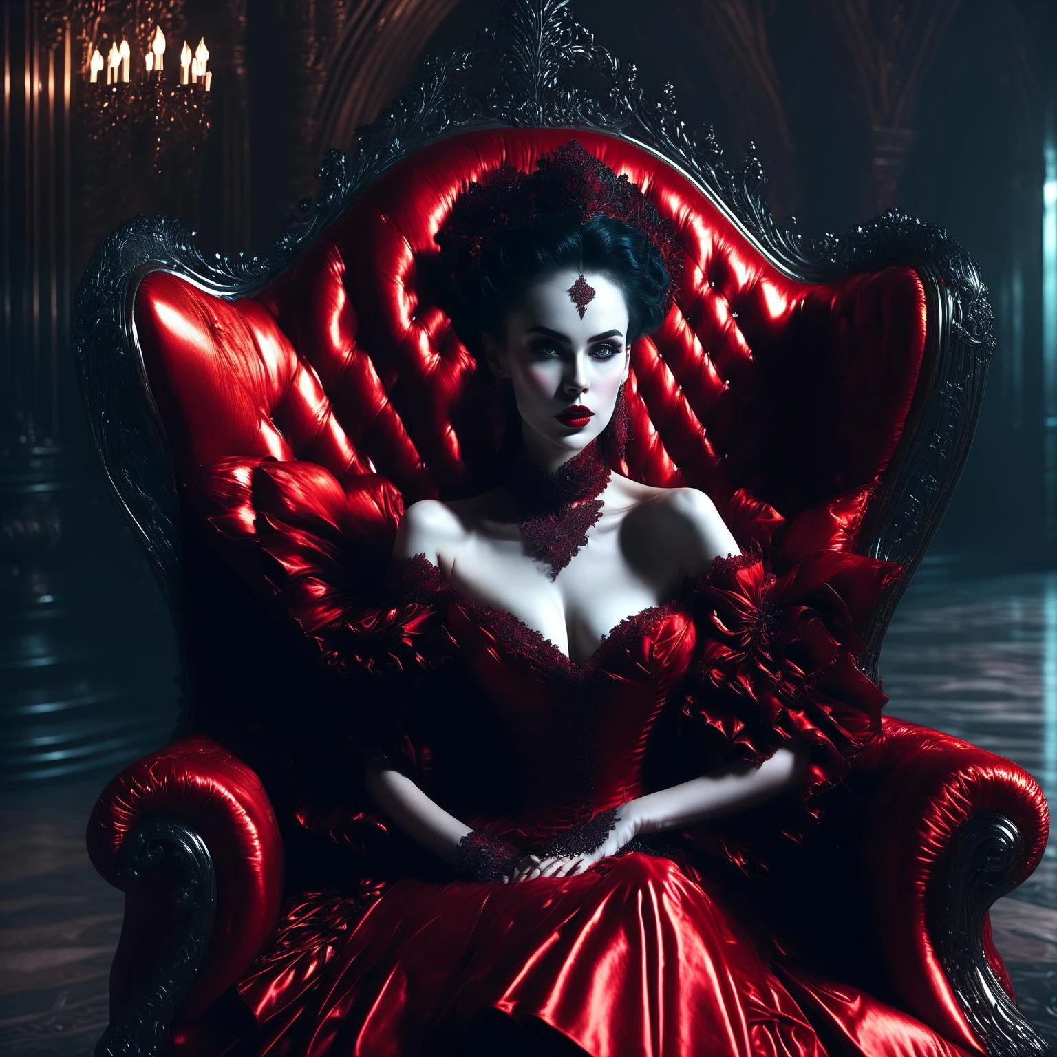 a woman in a red dress sitting on a armchair in a dark room with a chandelier, dark style, darkness, fantasy, gothic, horror,