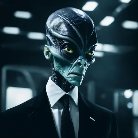 close up of a alien in a black suit standing in a dark room