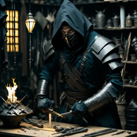 a ninja in a black hood and mask is working on a sword, ninja style, samurai style, ninjutsu, katana, buddhist,