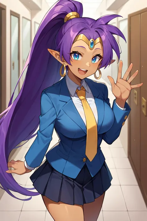 score_9, score_8_up, score_7_up, score_6_up, source_anime BREAK 1girl, solo <lora:shantae-pdxl-nvwls-v1-000005:1> defShan, very long hair, purple hair, ponytail, pointy ears, tan skin, tiara, hoop earrings, blue blazer, yellow necktie, (big breasts:0.6), pleated skirt, hallway, waving, looking at you, happy, open mouth, black skirt