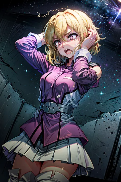masterpiece,best quality,1girl,solo,stellar loussier,sl1,short hair,messy hair,blonde hair,red eyes|purple eyes,(constricted pupils,angry,shouting,tears),(military uniform,skirt,thighhighs),(headache,hands on own head,painful),(dutch angle),<lora:stellar_loussier_v1:0.7>,<lora:Concept-control tool-add_detail-CyberAIchemist:0.6>,<lora:constricted_pupils_v0.2a:0.5>,