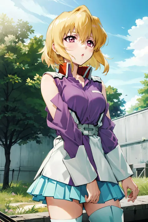 masterpiece,best quality,1girl,solo,stellar loussier,sl1,short hair,messy hair,blonde hair,red eyes|purple eyes,military uniform,skirt,thighhighs,thick thighs,expressionless,blush,arms behind back,looking away,street,wind,day,sunlight,blue sky,dutch angle,<lora:stellar_loussier_v1:0.7>,<lora:Concept-control tool-add_detail-CyberAIchemist:0.9>,