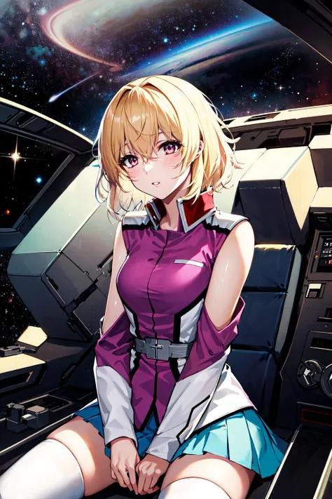 masterpiece, best quality, highres, sl1, 1girl, short hair, messy hair, military uniform, skirt, thighhighs, <lora:stellar_loussier_v1:0.7>, cowboy shot, sitting, cockpit, space, cosmic,