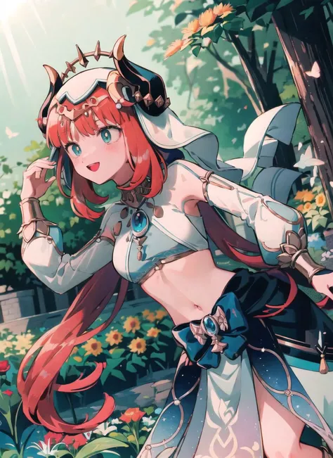 1girl, :d, (from below:1.2)
dutch angle
dynamic pose,
dancing, moving rapidly,
beautiful, elegant,
<lora:nilouGenshinImpact_v10:1> nilou (neither flower nor mist) (genshin impact), aqua eyes, fake horns, red hair, long hair, crop top, jewelry, horns, veil, bracer, brooch, long sleeves, puffy long sleeves, skirt, bangs, twintails, puffy sleeves, neck ring, gold trim, parted bangs, circlet, blue skirt, hair ornament, detached sleeves, low twintails, floating hair, gem, blue gemstone, dancer, white headwear, midriff, very long hair,
around the garden, flowers, butterflies, sunlight, sunflowers, lilies, roses, nature, petals, lens flare,
<lora:menma-10:1>