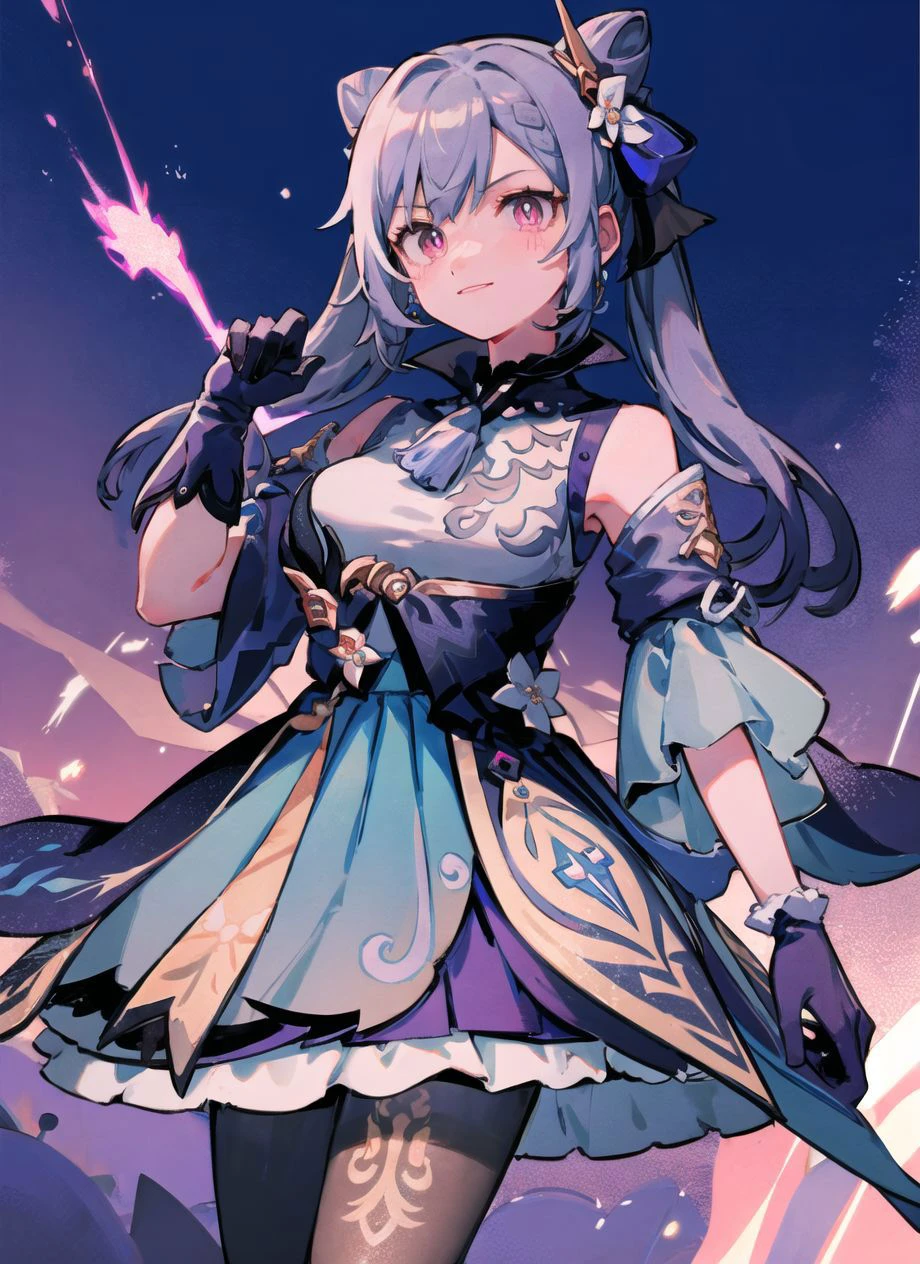 1girl, looking at viewer, smug pose
lightning, purple lightning bolt effect
<lora:keqingGenshinImpact3in1_v10:1>keqing (piercing thunderbolt) (genshin impact), keqing (genshin impact),
pantyhose, hair bun, purple hair, gloves, twintails, long hair, purple eyes, diamond-shaped pupils, bare shoulders, hair ornament, black pantyhose, cone hair bun,
detached sleeves,dress, jewelry, medium breasts, earrings, bangs, frills, purple dress, black gloves, braid, skirt,
<lora:menma-10:1:OUT8>