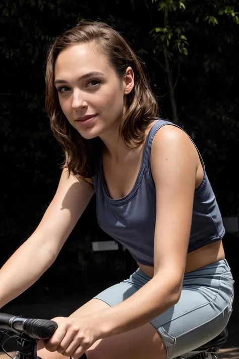 portrait photo of (gldt:1), riding a bicycle <lora:GalGadot2017v2-000120:1>