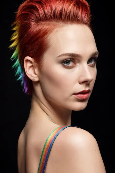 portrait of a woman by Flora Borsi, style by Flora Borsi, bold, bright colours, rainbow haircut, ((Flora Borsi)), smiling, <lora:EmilyBloo_v1:1>