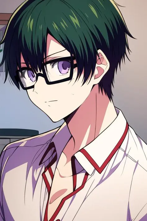 masterpiece, best quality, high quality, 1boy, solo, male focus, looking at viewer, upper body, <lora:takaharu_ootomo:0.64>, takaharu_ootomo, purple eyes, green hair, glasses, , pajamas
