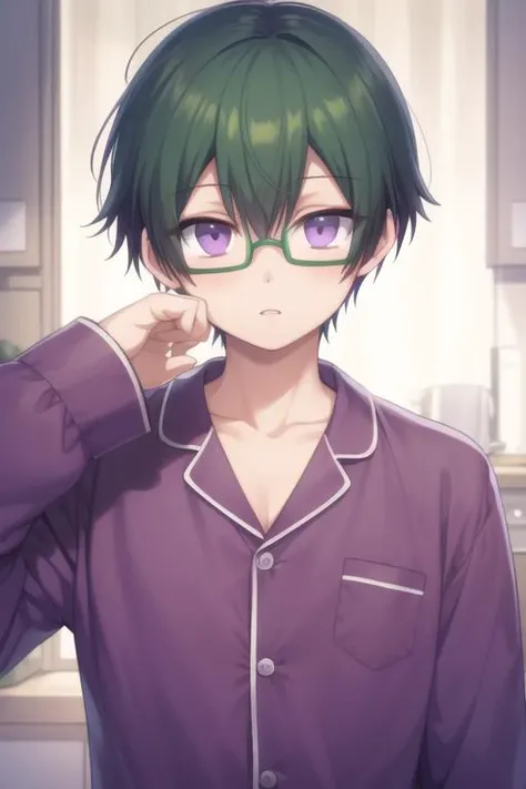 masterpiece, best quality, high quality, 1boy, solo, male focus, looking at viewer, upper body, <lora:takaharu_ootomo:0.56>, takaharu_ootomo, purple eyes, green hair, glasses, , pajamas