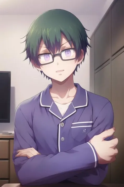 masterpiece, best quality, high quality, 1boy, solo, male focus, looking at viewer, upper body, <lora:takaharu_ootomo:0.72>, takaharu_ootomo, purple eyes, green hair, glasses, , pajamas