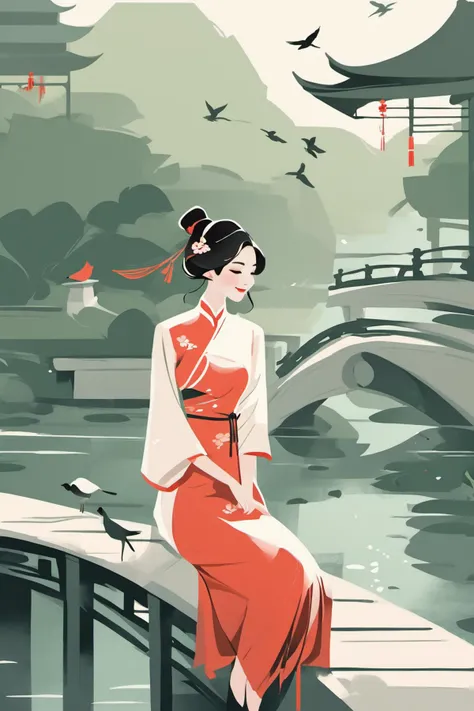minimalism,1girl, beautiful, smileï¼cheongsam, on the bridge,Courtyard, creek, bird <lora:minimalism:0.9>