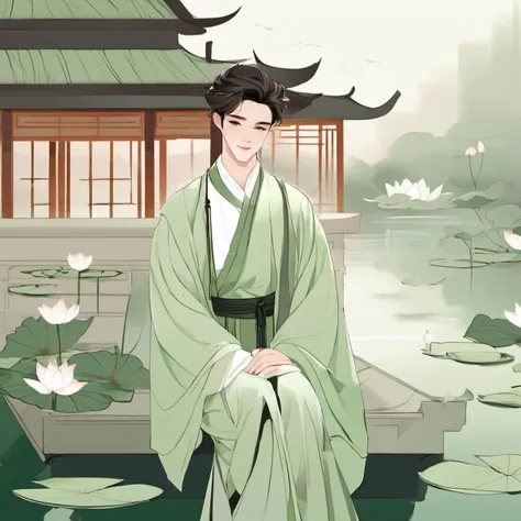 1boy, handsome, minimalismï¼ chinese hanfu, lotus, lake, chinese architecture, <lora:minimalism:1>
