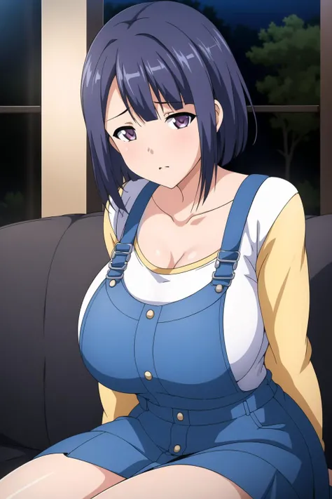 (Night:1.7), Cyberpunk_CityView, Before Window,
sitting at attention,sitting on couch,suspenders,overalls,
collarbone,blue dress with a yellow top and blue skirt,long sleeves,
<lora:Akira_MAKINO_Oni_Chichi_2-KK77-V1:0.7>,<lora:saiminSeishidou:0.2>,<lora:Mai_Shiranui-KK77-V2:0.1>,
blue_hair,short_hair,purple_eyes,hair_ornament, hairclip,
1 girl, 20yo,mature female,Beautiful Finger,Beautiful long legs,Beautiful body,Beautiful Nose,Beautiful character design, perfect eyes, perfect face,
looking at viewer, (innocent_big_eyes:1.0),(expressionless:1.3),
NSFW,official art,extremely detailed CG unity 8k wallpaper, perfect lighting,Colorful, Bright_Front_face_Lighting,
(masterpiece:1.0),(best_quality:1.0), ultra high res,4K,ultra-detailed,
photography, 8K, HDR, highres, absurdres:1.2, Kodak portra 400, film grain, blurry background, bokeh:1.2, lens flare, (vibrant_color:1.2)
(Beautiful,large_Breasts:1.4), (beautiful_face:1.5),(narrow_waist),