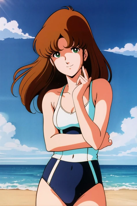 masterpiece,best quality,highres,<lora:Hayase Misa:0.6>,Hayase Misa,brown long hair,green eyes,1girl,solo,1980s \(style\),retro artstyle,futoshi slim,sky,smile,waves,beach,swimsuit,sunlight,cowboy shot,looking at viewer,