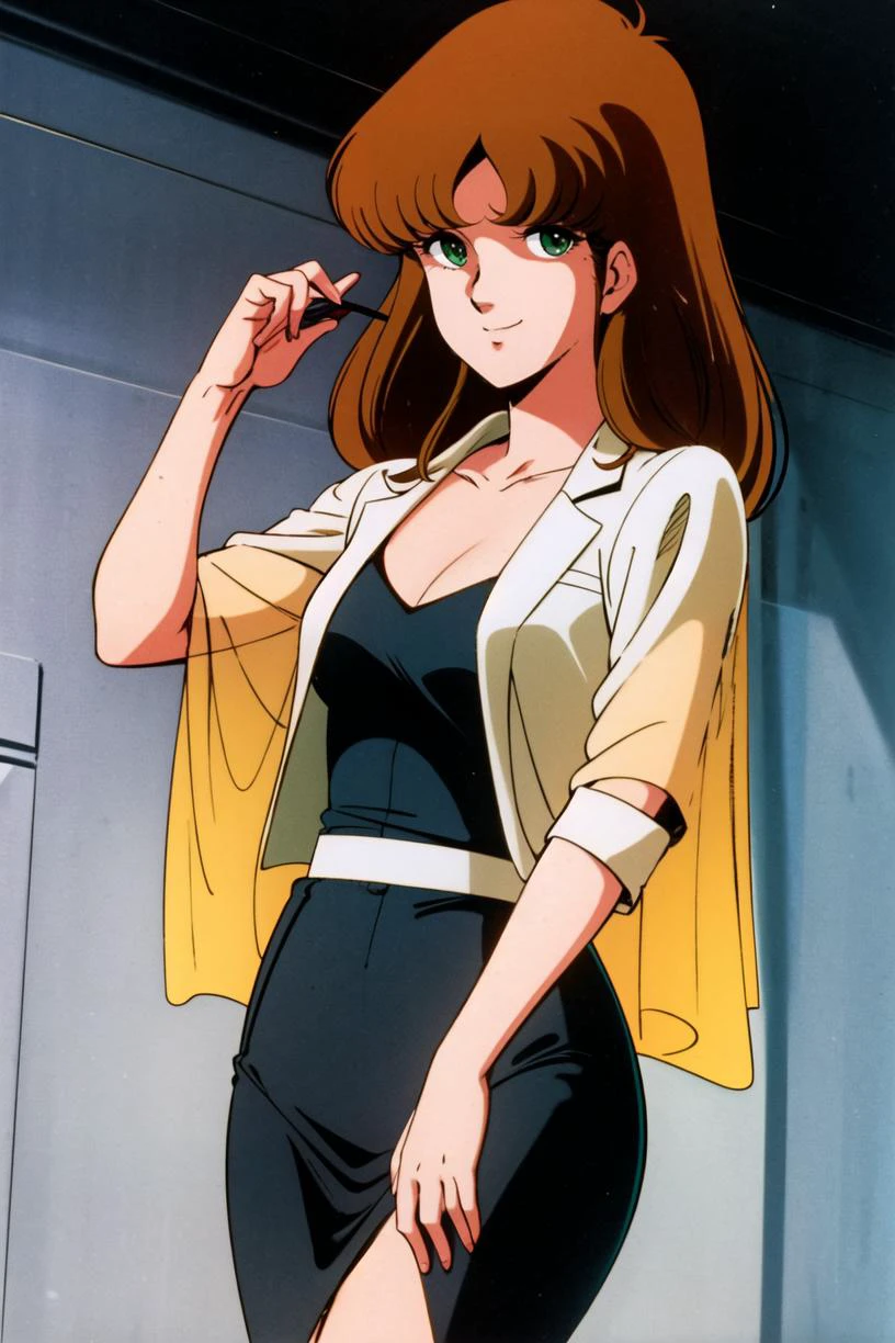 masterpiece,best quality,highres,<lora:Hayase Misa:0.6>,Hayase Misa,brown long hair,green eyes,1girl,solo,1980s \(style\),retro artstyle,futoshi slim,smile,cowboy shot,looking at viewer,street,Black fitted suit jacket,white silk blouse,high-waisted black pencil skirt,black lace long-sleeved shawl,black ribbon,