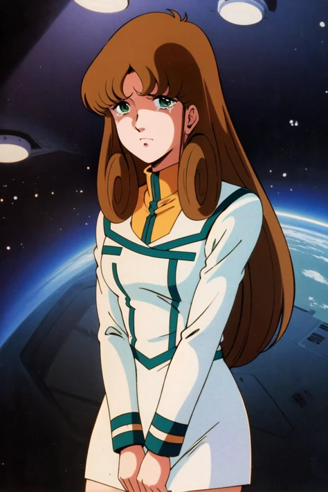 masterpiece,best quality,highres,<lora:Hayase Misa:0.6>,Hayase Misa,brown long hair,green eyes,1girl,solo,1980s \(style\),retro artstyle,cowboy shot,uniform,military uniform,military,white skirt,futoshi slim,space,looking at viewer,crying,tears,