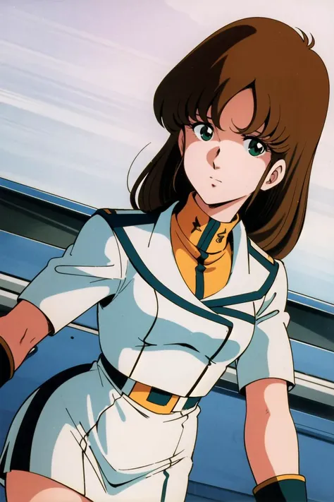 masterpiece,best quality,highres,<lora:Hayase Misa:0.6>,Hayase Misa,brown hair,green eyes,1girl,solo,1980s \(style\),cowboy shot,looking at viewer,uniform,military uniform,military,white skirt,futoshi slim,fighter jet,